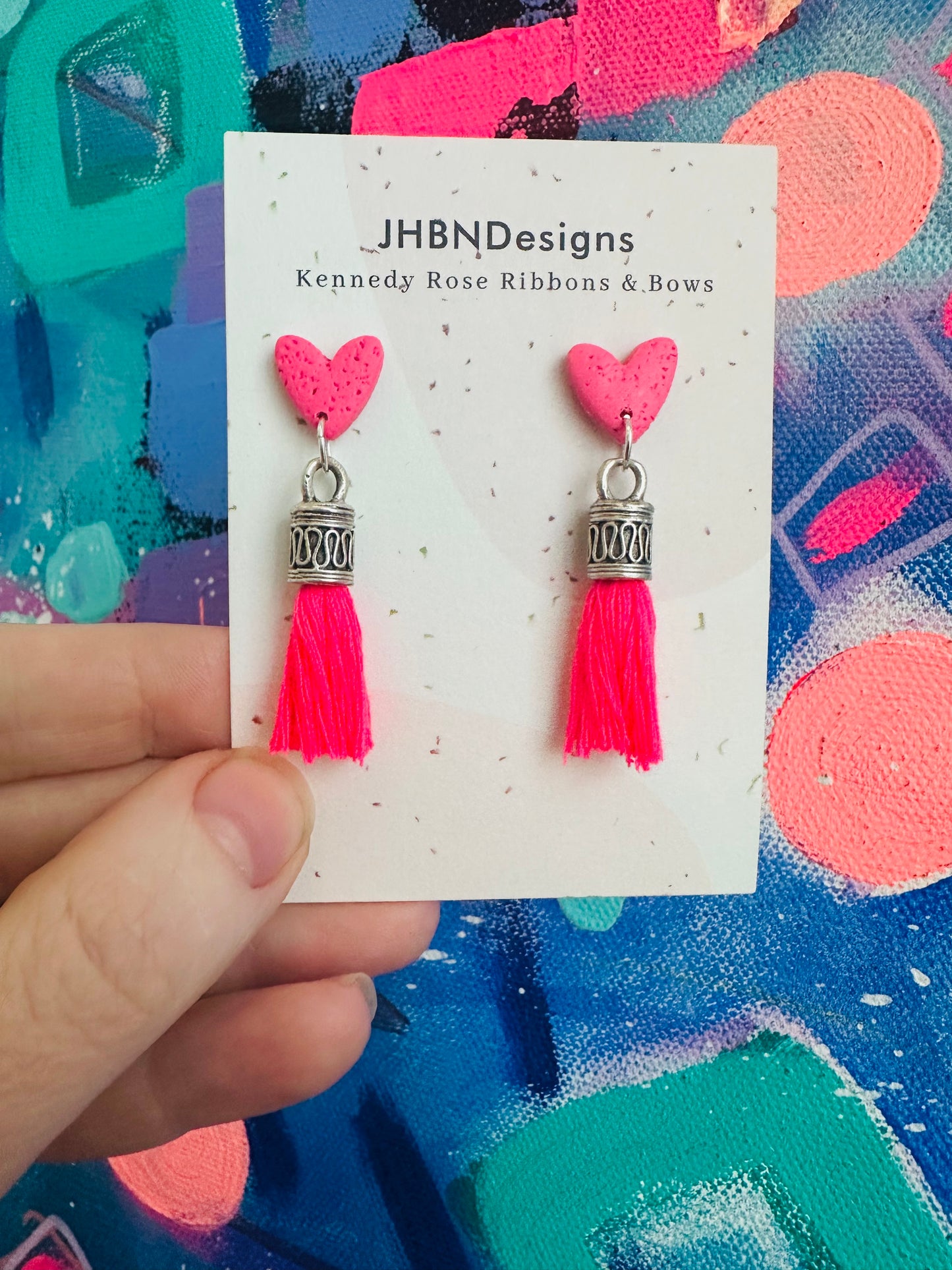 Mini Heart Stud w/ Bright Pink Tassel